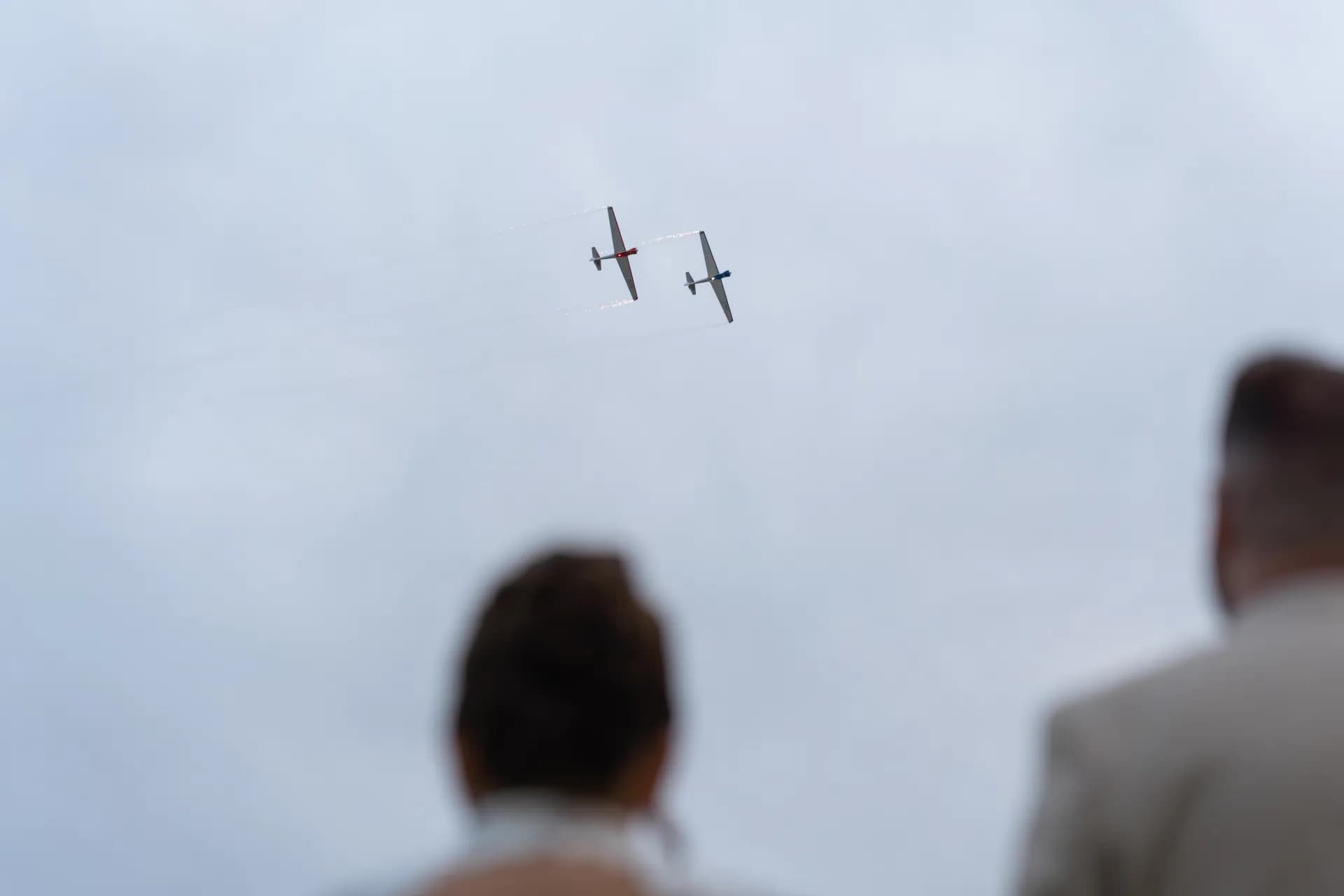 Les mariés lèvent les yeux vers une patrouille d'avions au-dessus du domaine